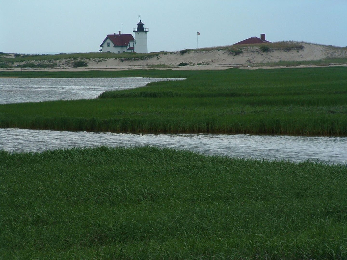 Race Point Light on the horizon beyond the green salt marsh of Hatches Harbor
